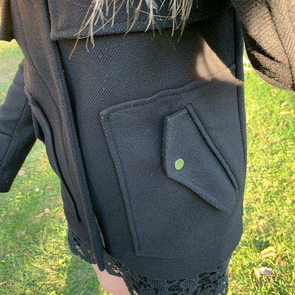 Zara black 75% wool winter jacket coat hood with black fur buckles zipper pocket - Picture 8 of 14